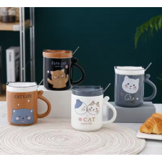 Ceramic mug "Cat" with spoon and lid, 360ml
